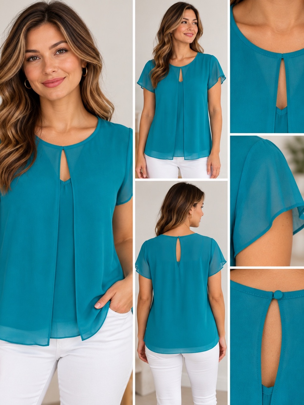 C&M Chiffon Teal Keyhole Short Sleeve Blouse - Women, Large